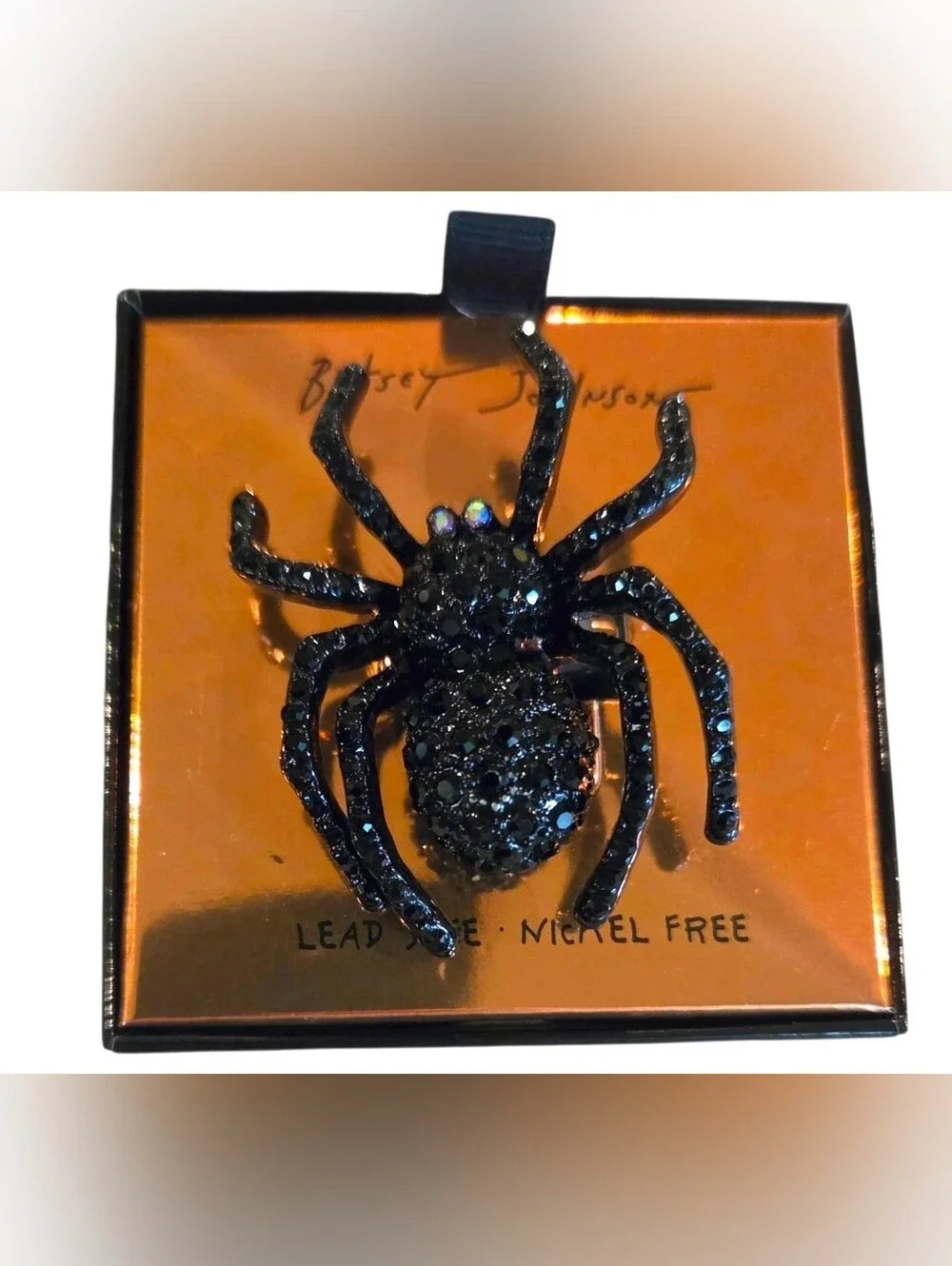 Betsey Johnson Black Crystal Encrusted Spider Cocktail Stretch Ring, NEW IN BOX
